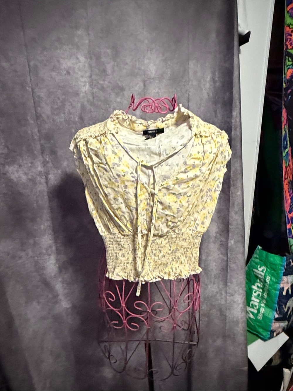 Forever 21 Yellow Floral Tie-Front Smocked Crop Top
